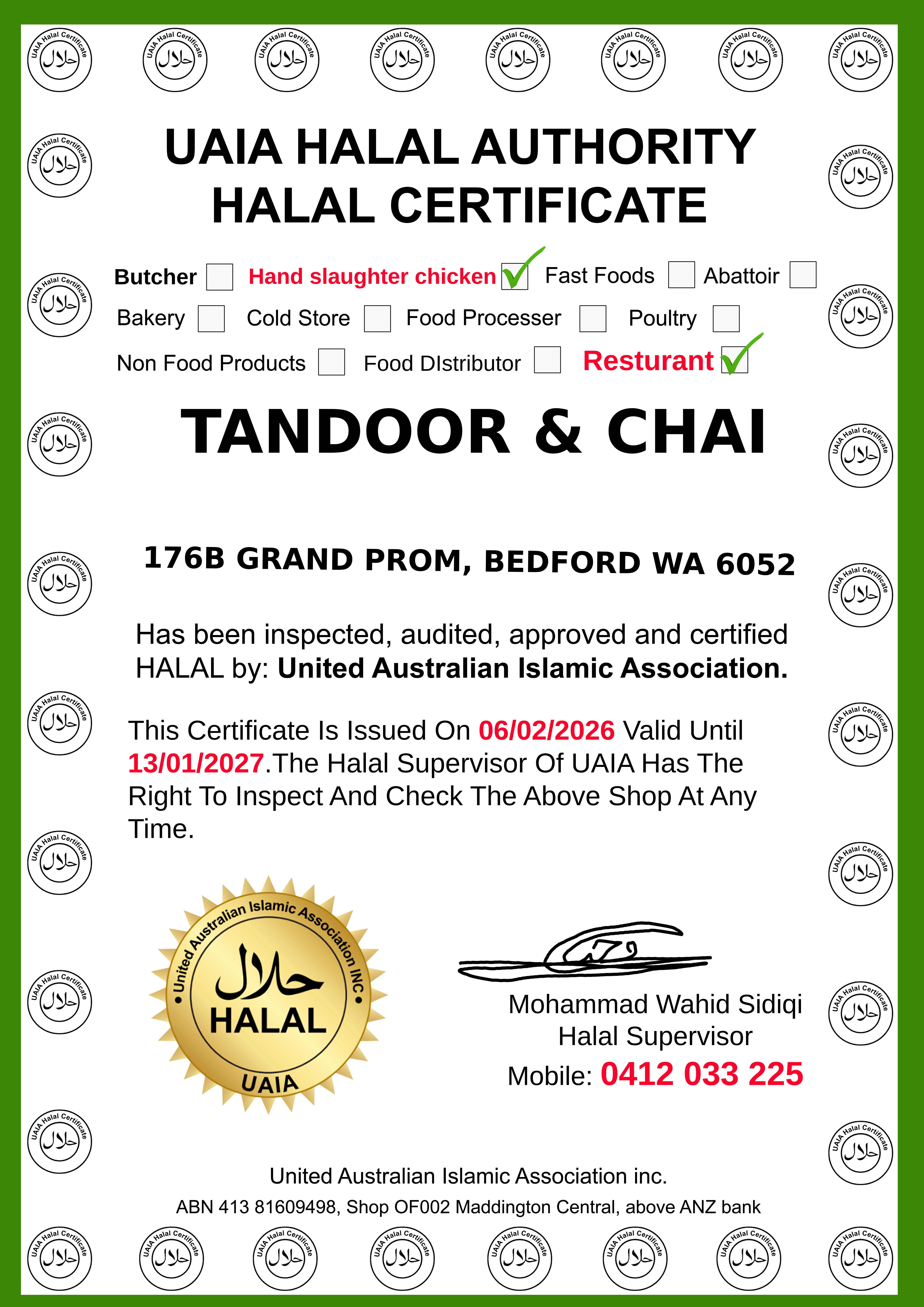 Halal Certification - 100% Halal Hand Slaughtered Meat at Tandoor and Chai Bedford Perth