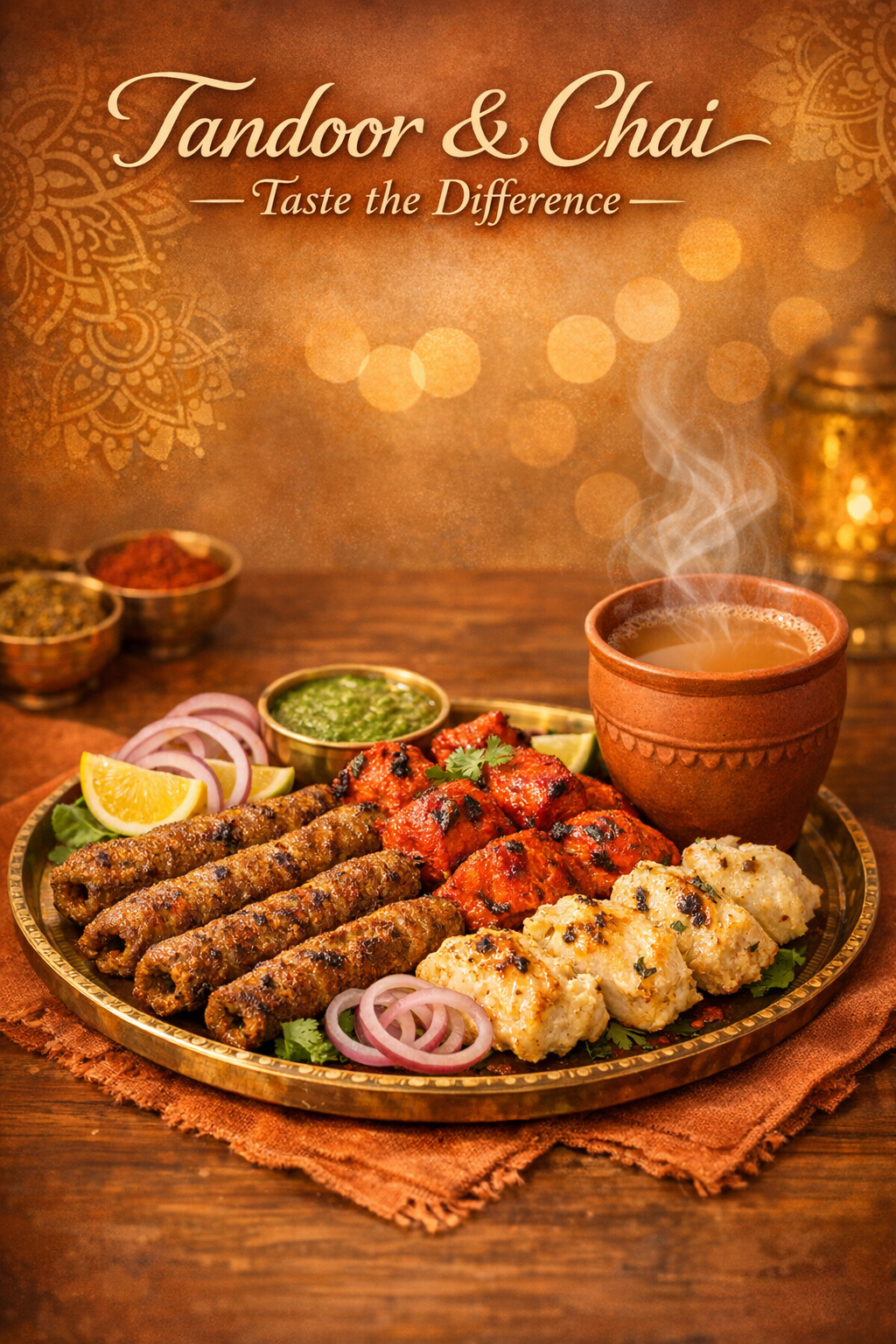 Tandoor & Chai signature tandoor platter featuring seekh kebab, chicken tikka, malai tikka with chutneys and kadak chai served in a traditional clay cup - Bedford Perth WA
